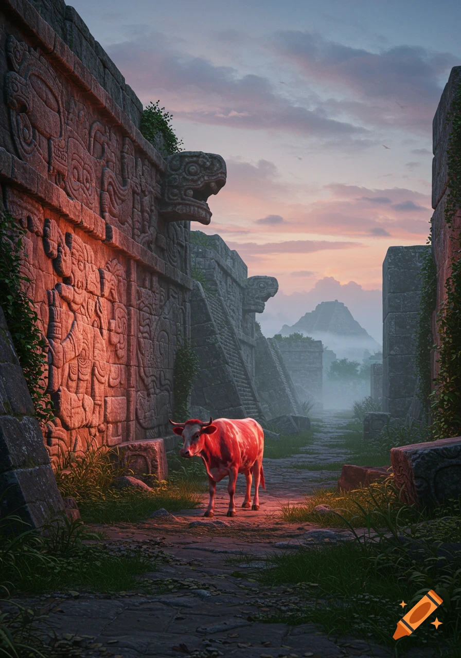A red cow walks through an ancient Aztec city at sunset, with misty pyramids in the background, hyperrealistic.
