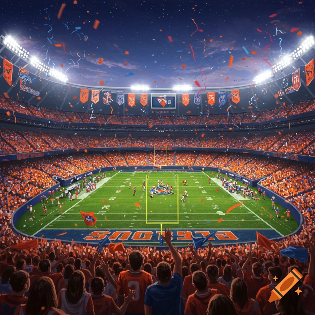 A packed football stadium during a night game, with orange and blue fans, and confetti falling over the field.