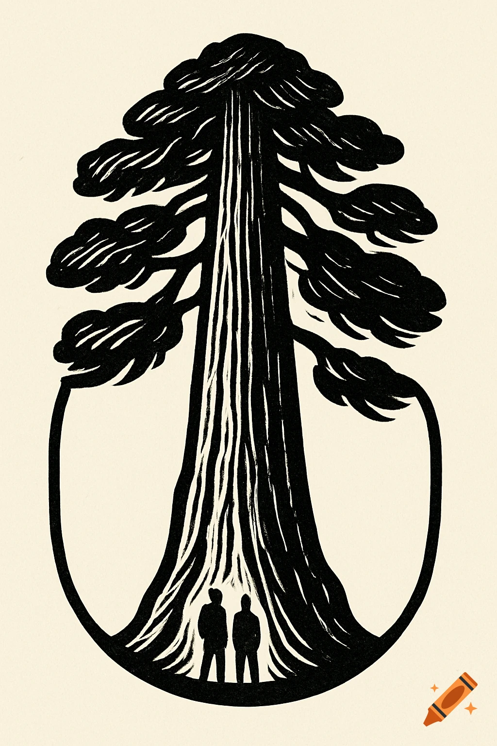 Woodcut style illustration of a giant redwood tree with two small silhouetted figures at its base, framed by a curved line.