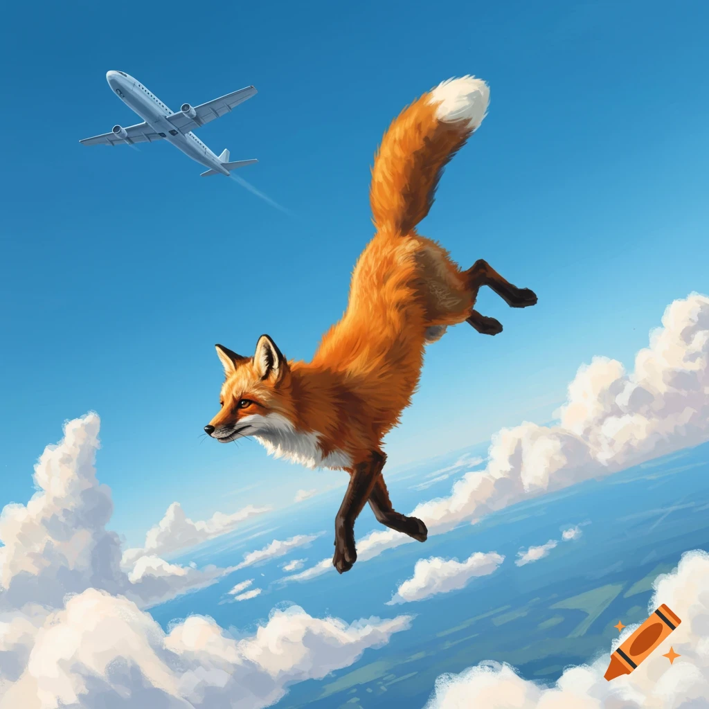 An illustrative image of a red fox falling through a bright blue sky, with white clouds and an airplane flying in the distance.