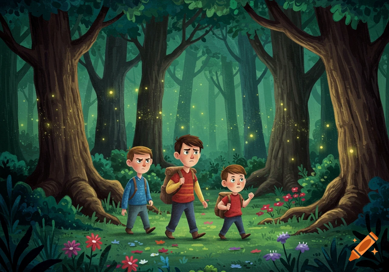Three boys with backpacks walk through a dense magical forest with glowing fireflies and colorful flowers, in a storybook illustration style.