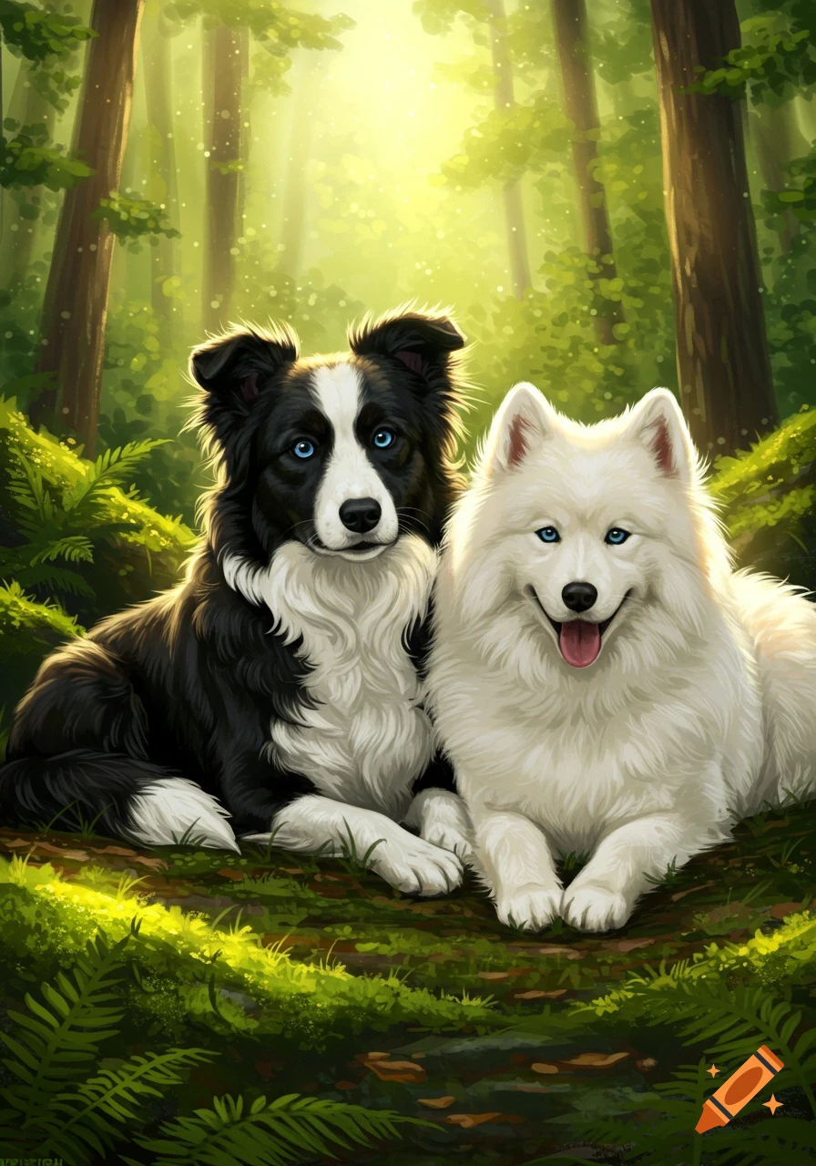An illustrated Border Collie and a Samoyed with blue eyes sit together in a bright, sunny forest.