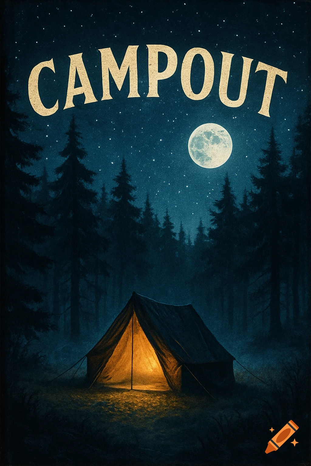 Stylized illustration of a glowing tent in a dark forest under a starry night sky and full moon, with 'CAMPOUT' arched above.