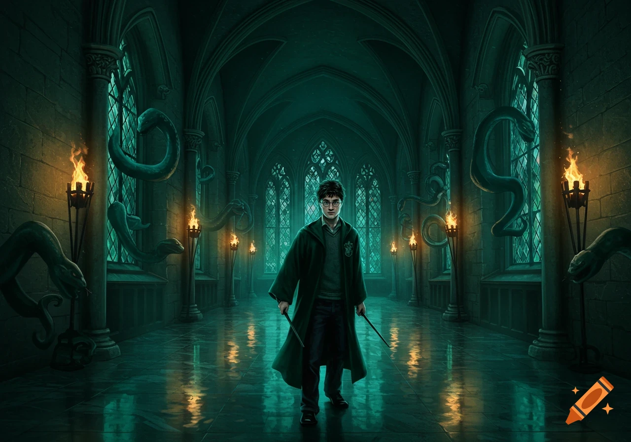 Harry Potter stands in a dark, mysterious, green-lit hall adorned with snake statues and torches, holding two wands.