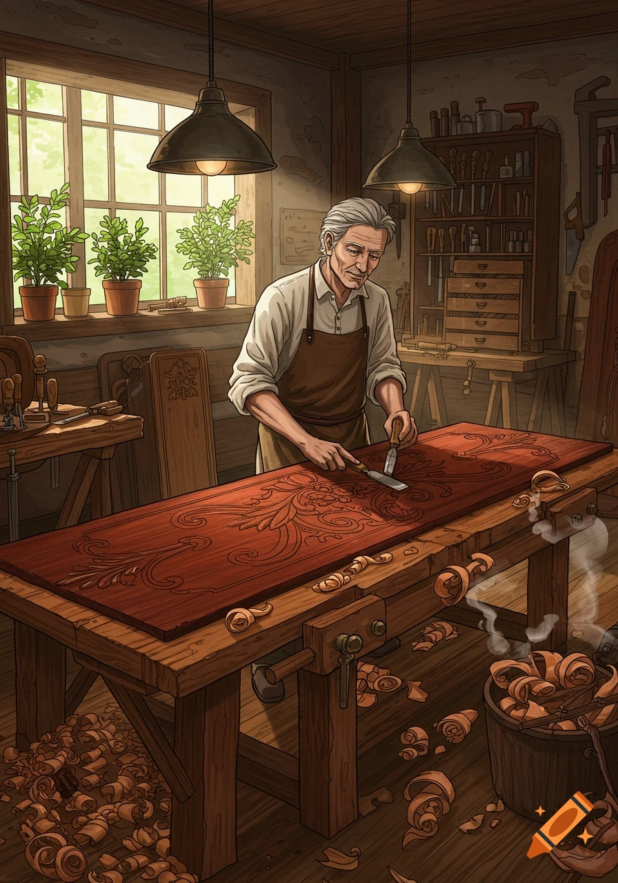 An old artisan carves intricate patterns into a wooden panel on a workbench in a rustic woodworking shop.