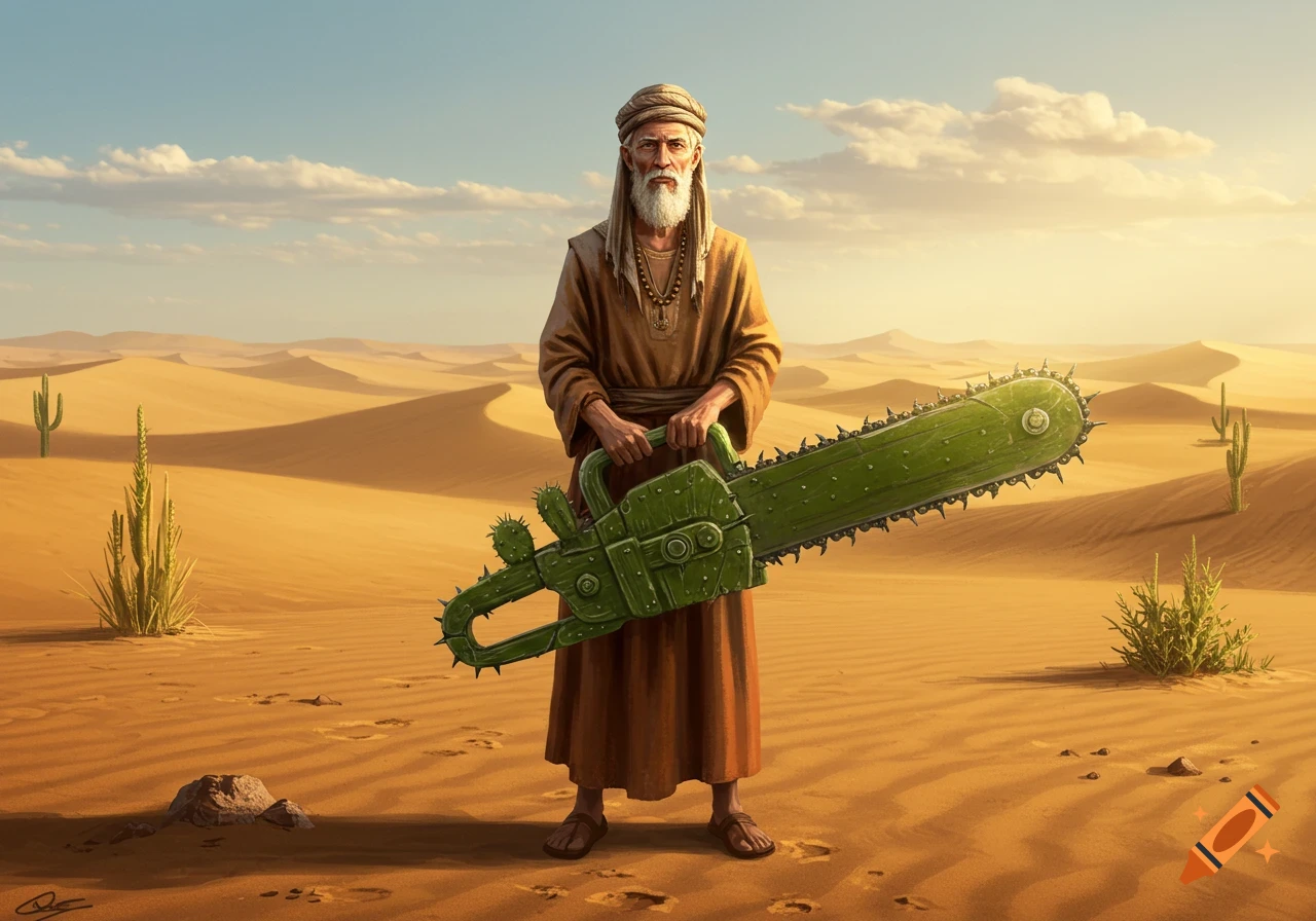 A wise man with a long white beard stands in a sunny desert, holding a large, spiky green chainsaw made of cactus.