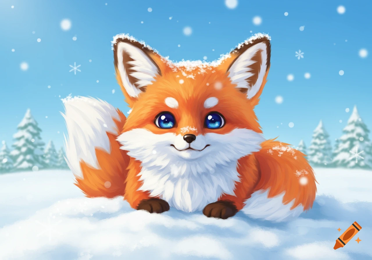 A cute anime-style orange fox with big blue eyes sits in the snow, smiling, with pine trees in the background.