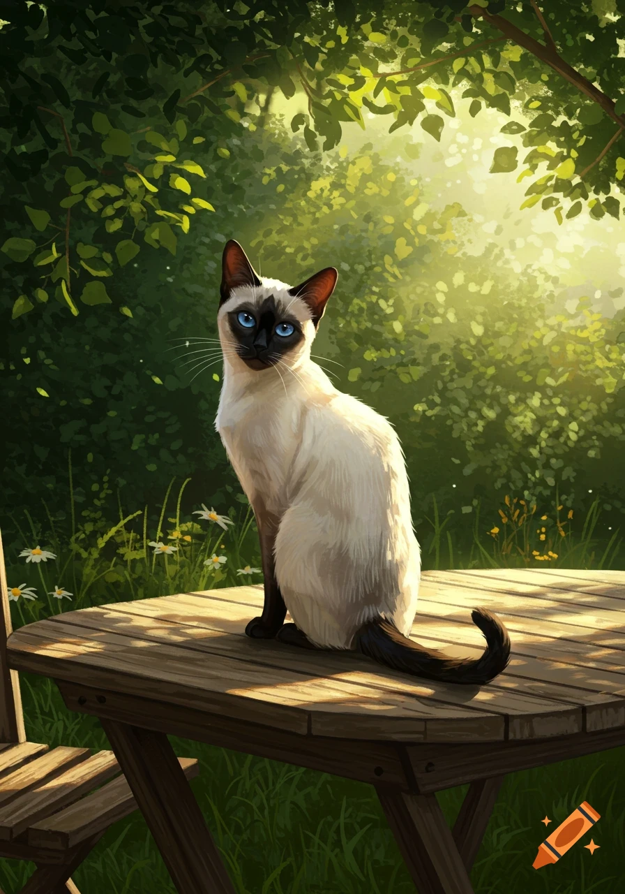 A detailed illustration of a Siamese cat with bright blue eyes, sitting on a wooden table outdoors under dappled sunlight.
