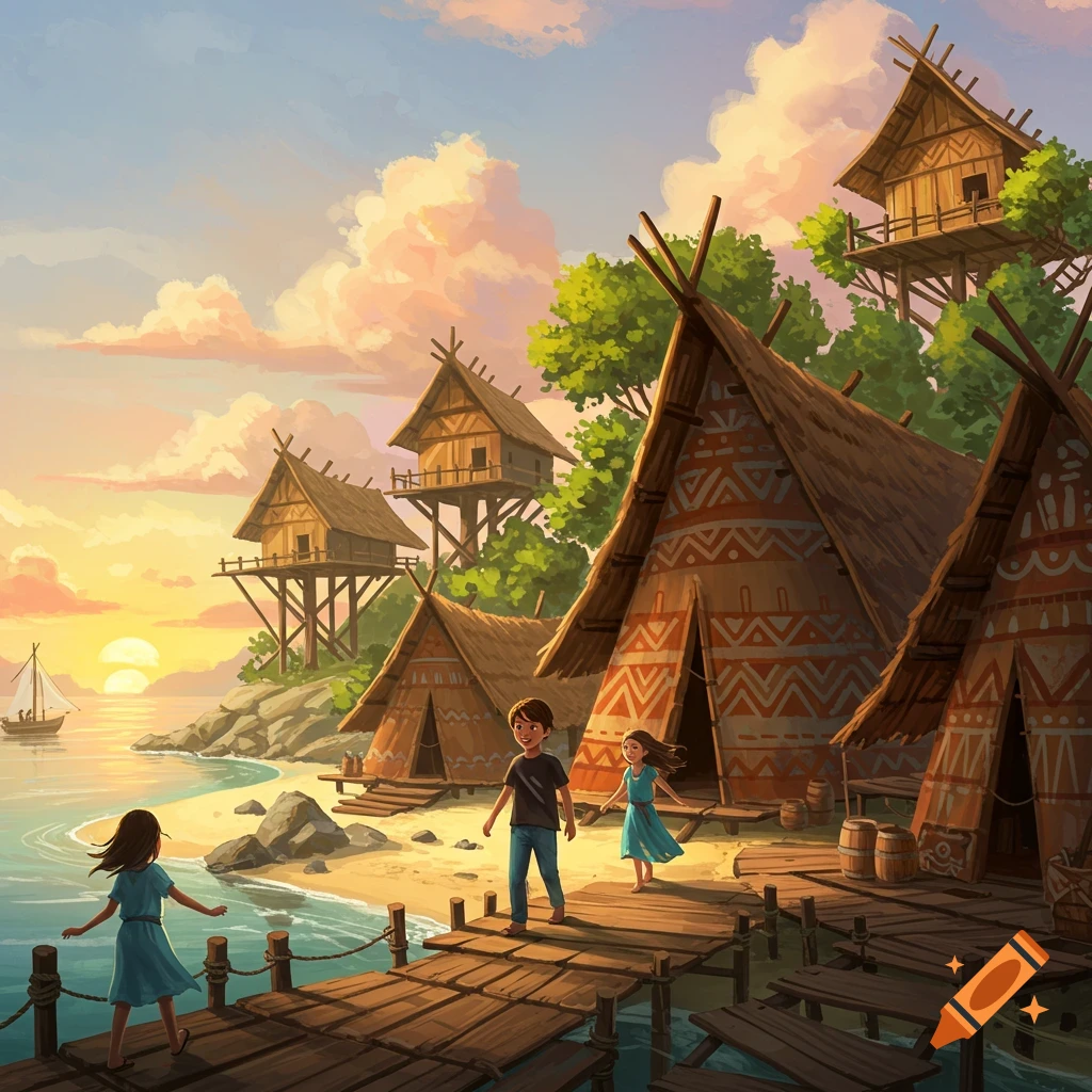 Illustrated tropical village at sunset with children on a wooden dock, traditional huts and tents by the sea.