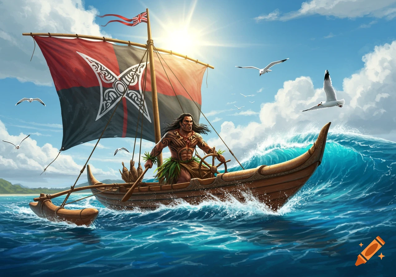 A tattooed Polynesian man steers a traditional outrigger canoe on choppy waters under a sunny sky, flying a Tino Rangatiratanga flag.