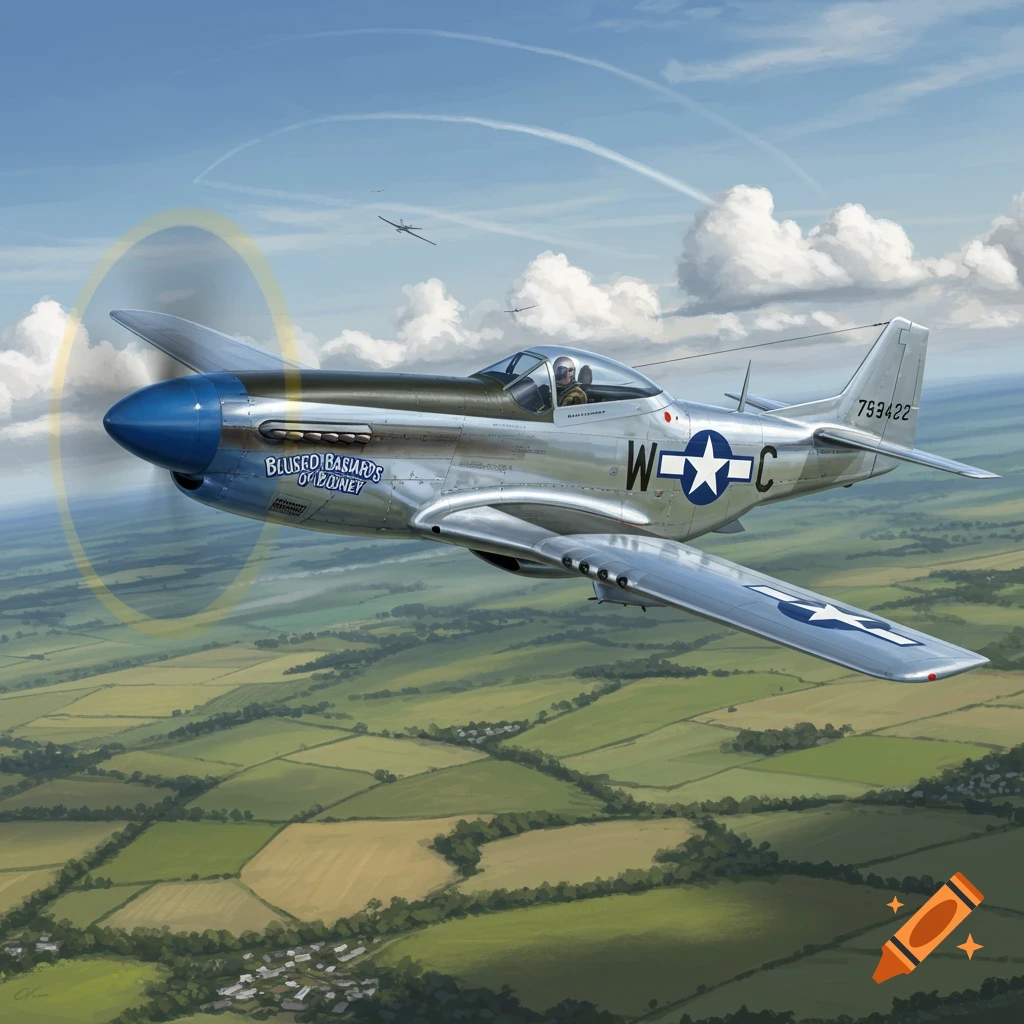 A P-51 Mustang fighter plane with a blue nose and "BLUESED BASTARDS OF BODNEY" livery flies over a green, patchy landscape.