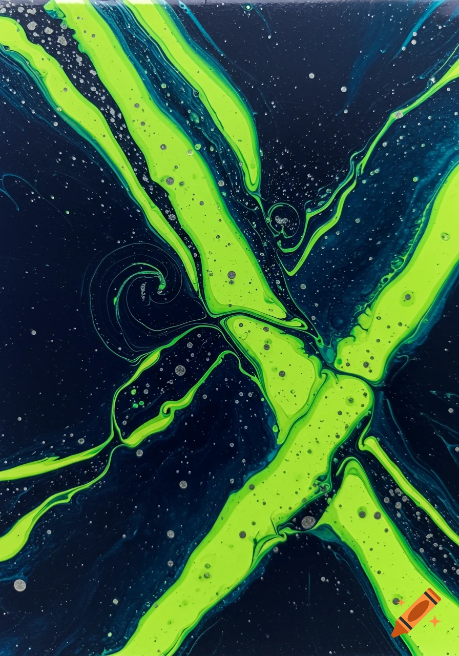 Abstract fluid art featuring bright neon green streams flowing across a dark navy background, interspersed with silver speckles.