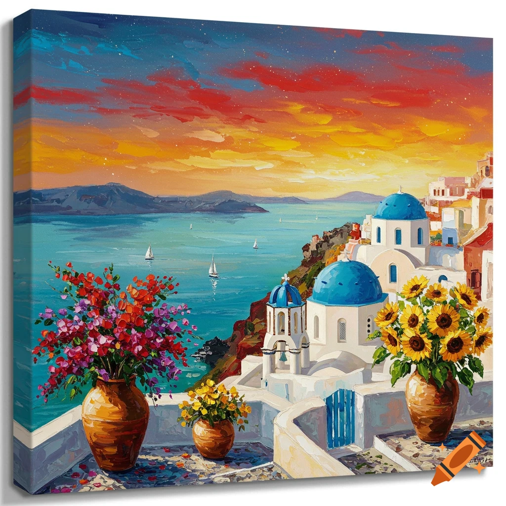 Colorful impasto painting of Santorini at sunset, featuring white buildings with blue domes, vases of bougainvillea and sunflowers, overlooking a sea with sailboats under a vibrant red, orange, and yellow sky.
