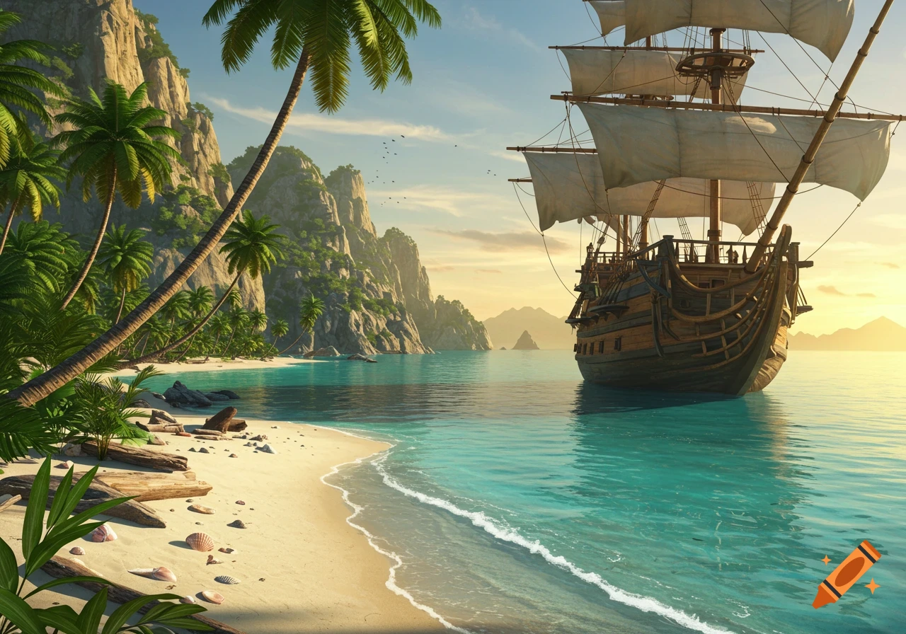 A large pirate galleon sails on turquoise water next to a sandy tropical island with palm trees and mountains under a sunny sky.