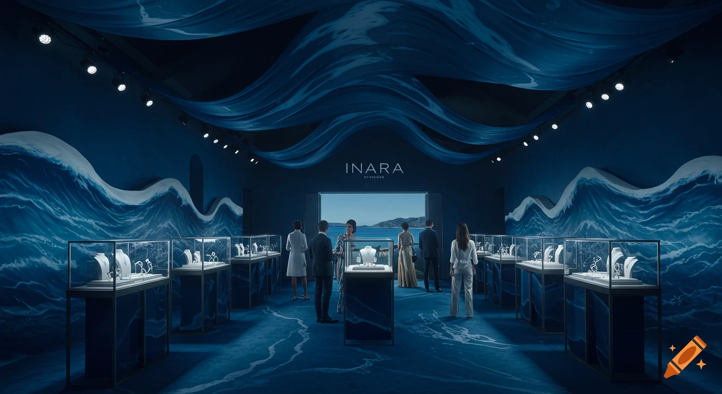 Luxury ocean-themed jewelry event in blue tones with wave designs, displays of jewelry, and elegantly dressed attendees.