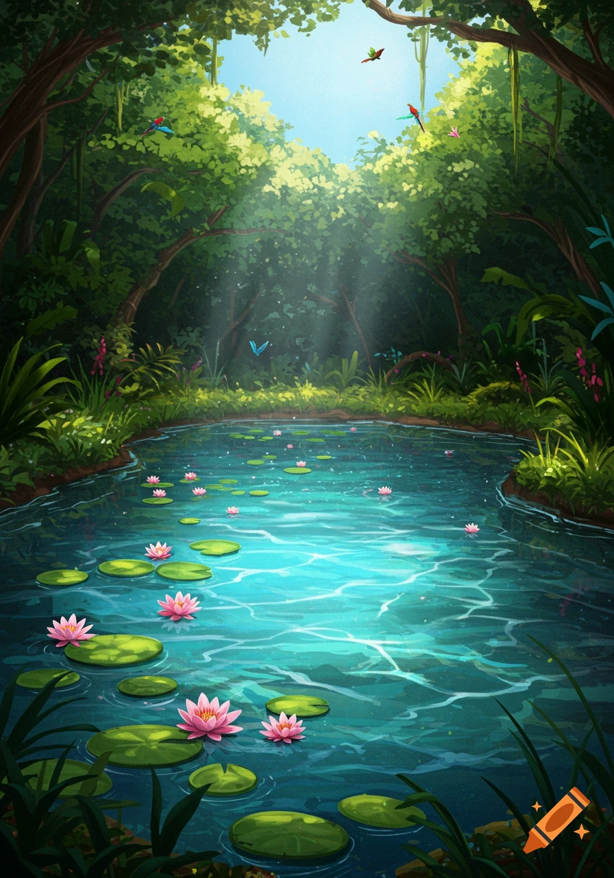 Vibrant illustration of a jungle water pool with lily pads, pink water lilies, sunlight, and colorful birds flying through lush trees.