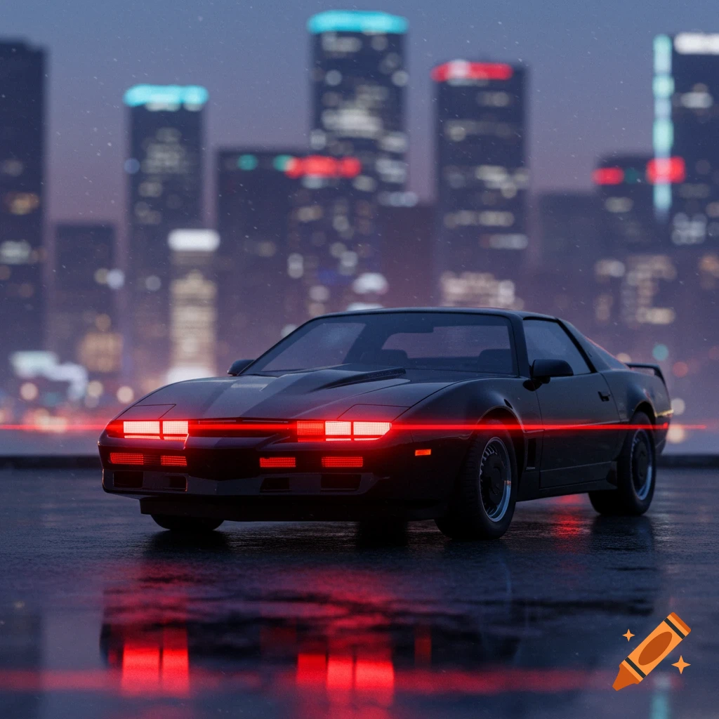 A black K.I.T.T. car with a red scanner light, parked on a wet surface with reflections of a neon city skyline at night.
