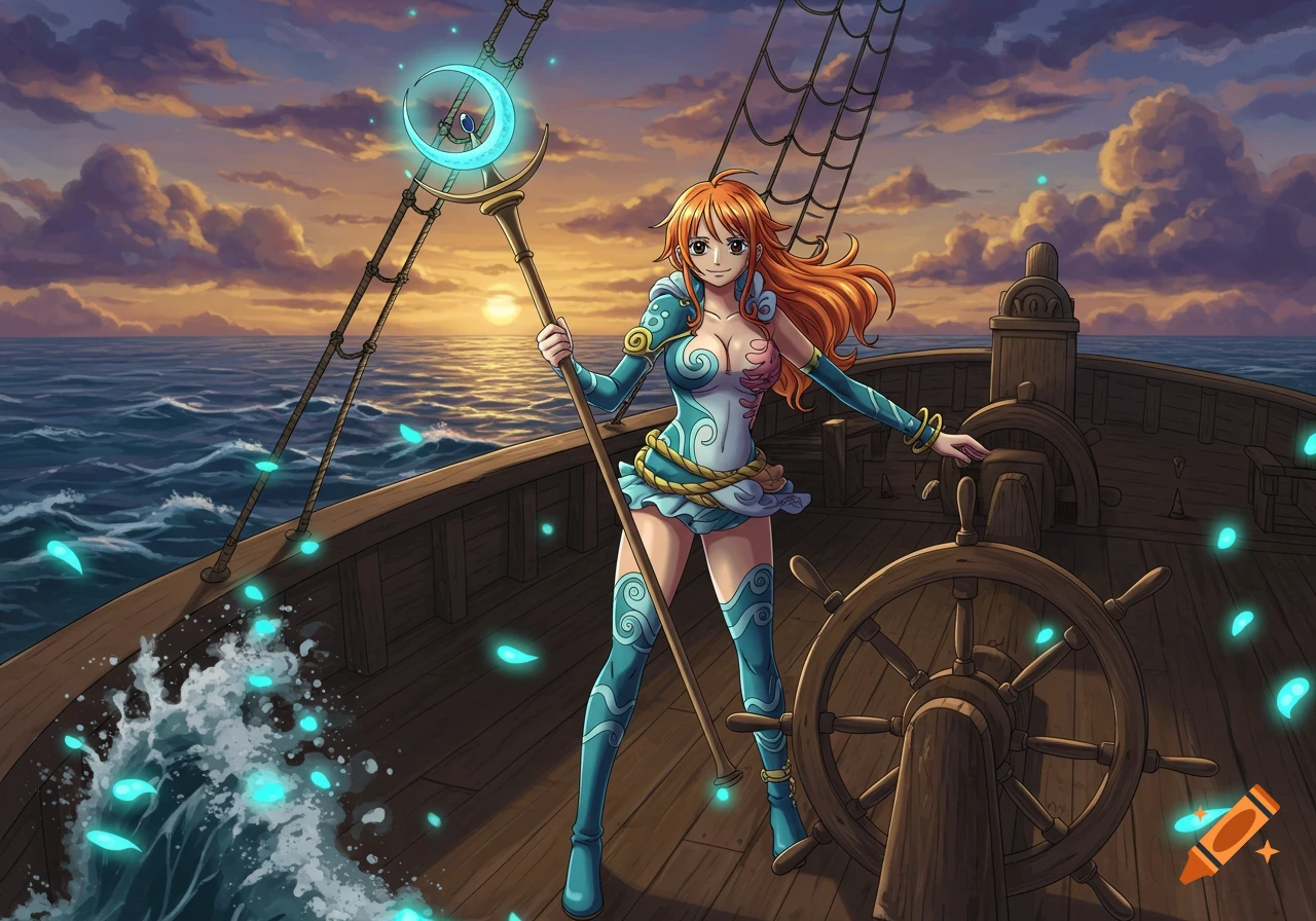 Anime illustration of Nami on a wooden ship at sunset, holding a magical crescent staff. Glowing blue petals float in the ocean.