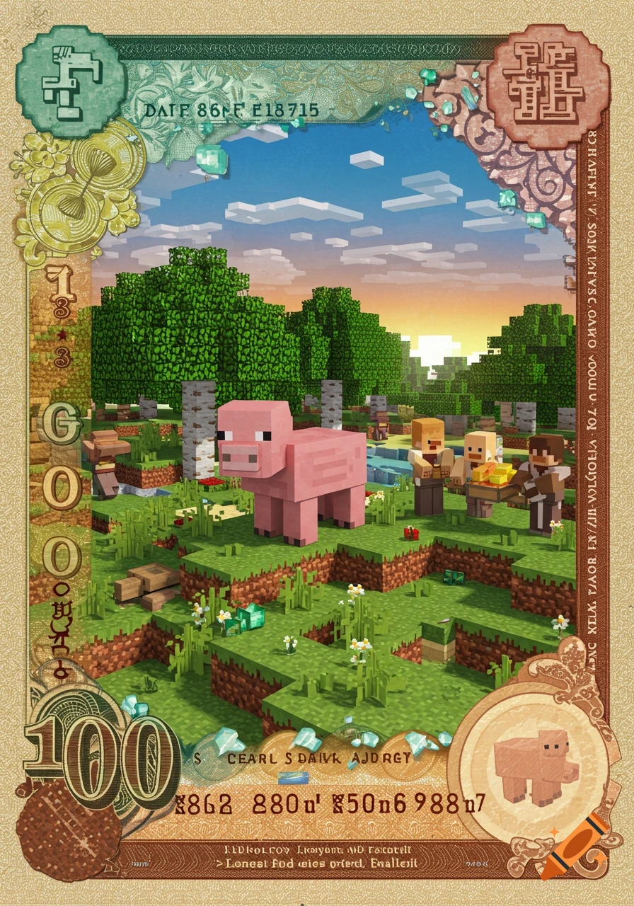 A Minecraft-themed banknote featuring a pig, villagers, and emeralds in a blocky landscape, surrounded by ornate money borders.