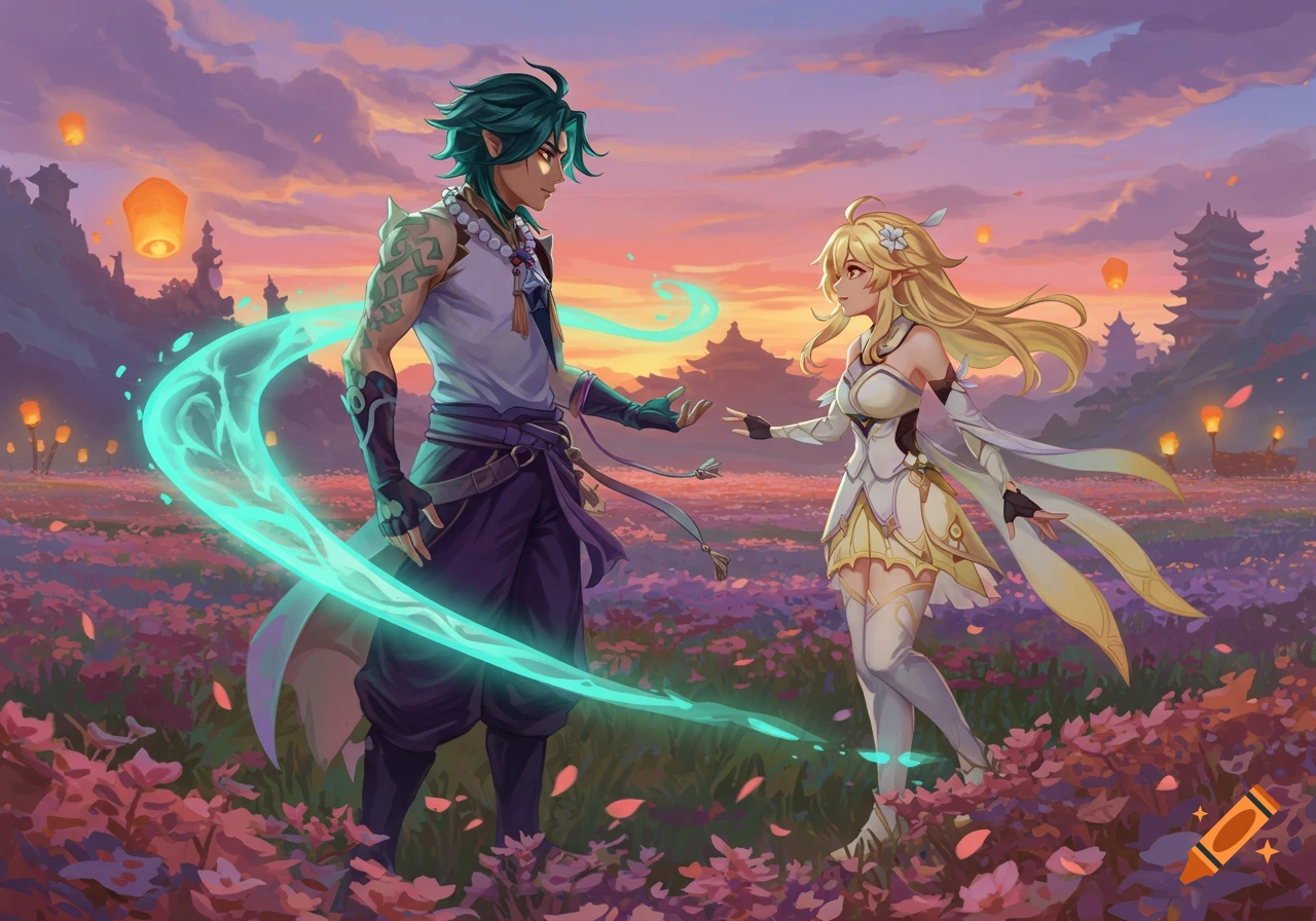 Anime art of Xiao and Lumine meeting in a vibrant field of flowers under a sunset sky with floating lanterns and distant pagodas.