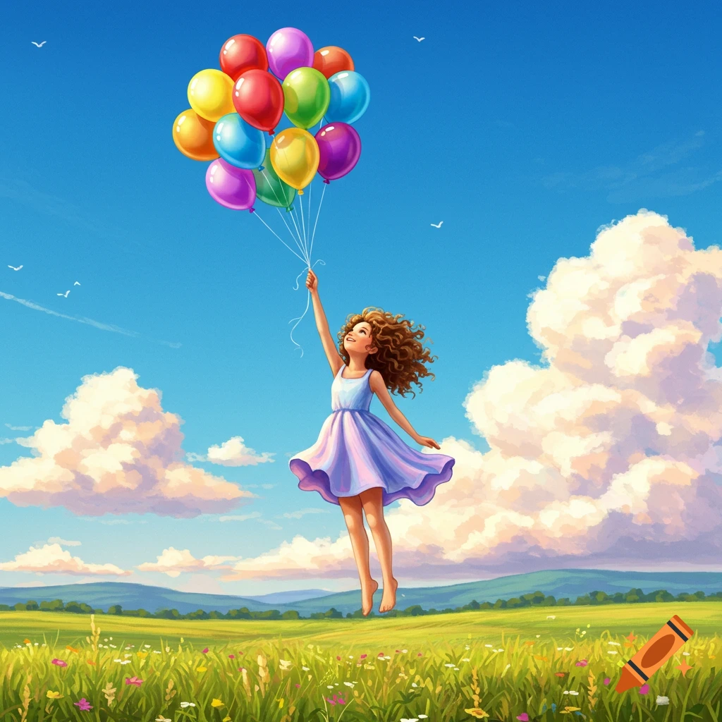 A cheerful illustrated girl floats high above a vibrant green meadow, holding many colorful balloons under a bright blue sky.
