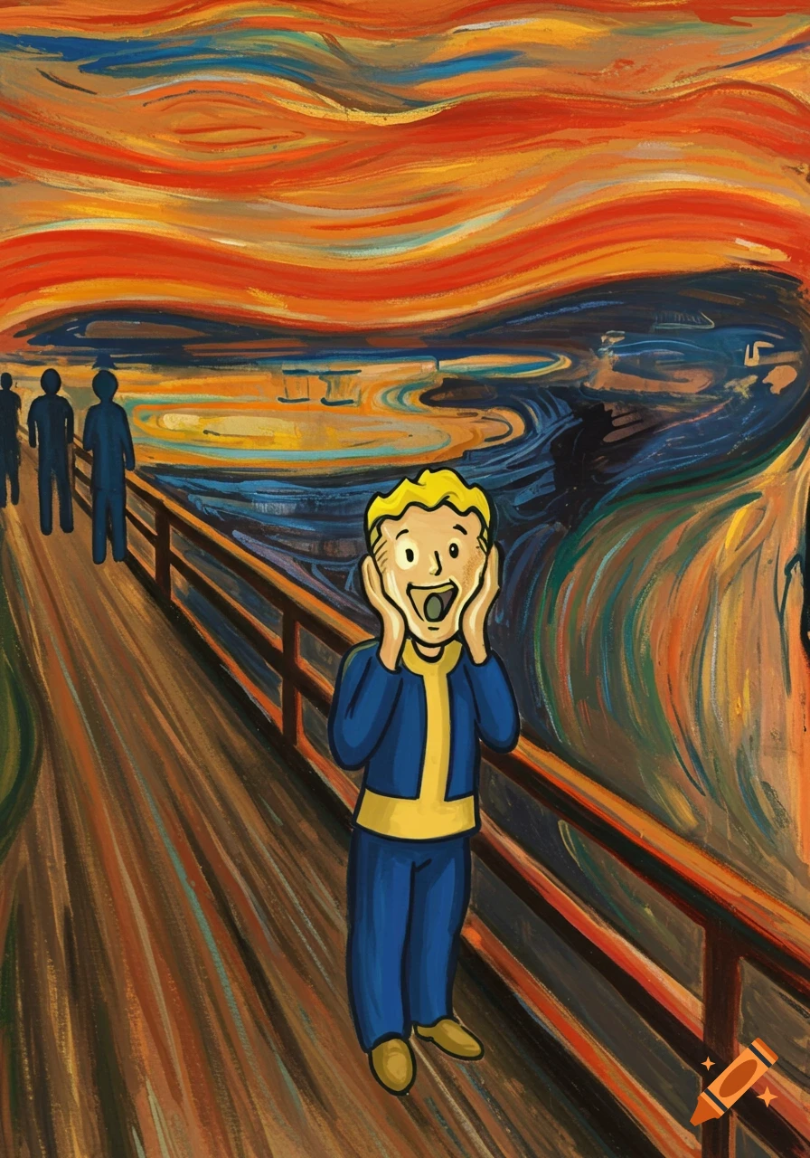 Vault Boy from Fallout in a cartoon version of Edvard Munch's The Scream painting, hands to his face, on a bridge.