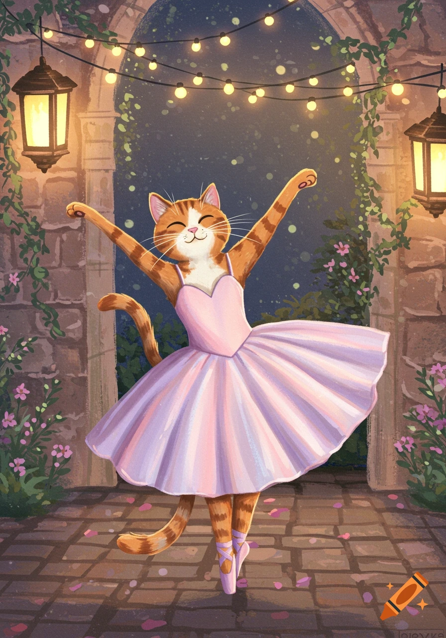A smiling orange tabby cat in a pink ballet tutu and pointe shoes dances under string lights in an archway.