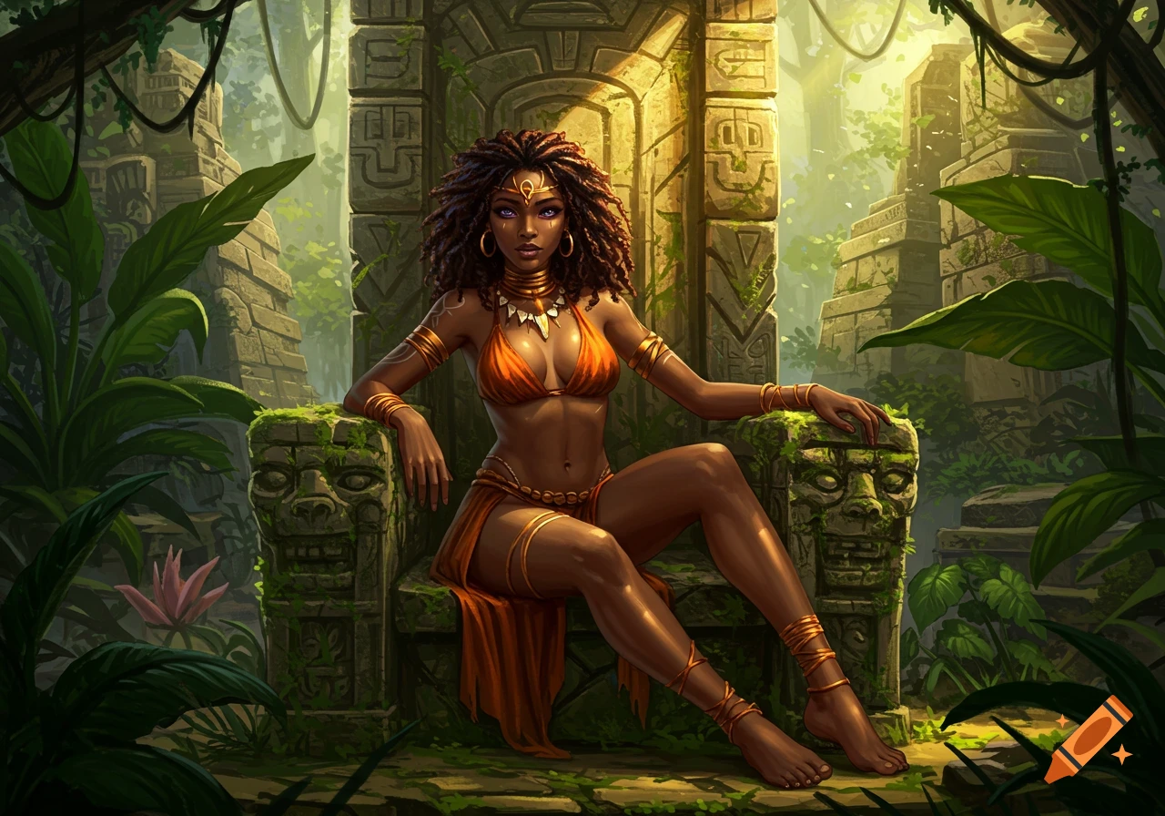 A beautiful African-American woman with purple eyes in a tribal outfit sits on a mossy stone throne in an ancient jungle city, fantasy art.