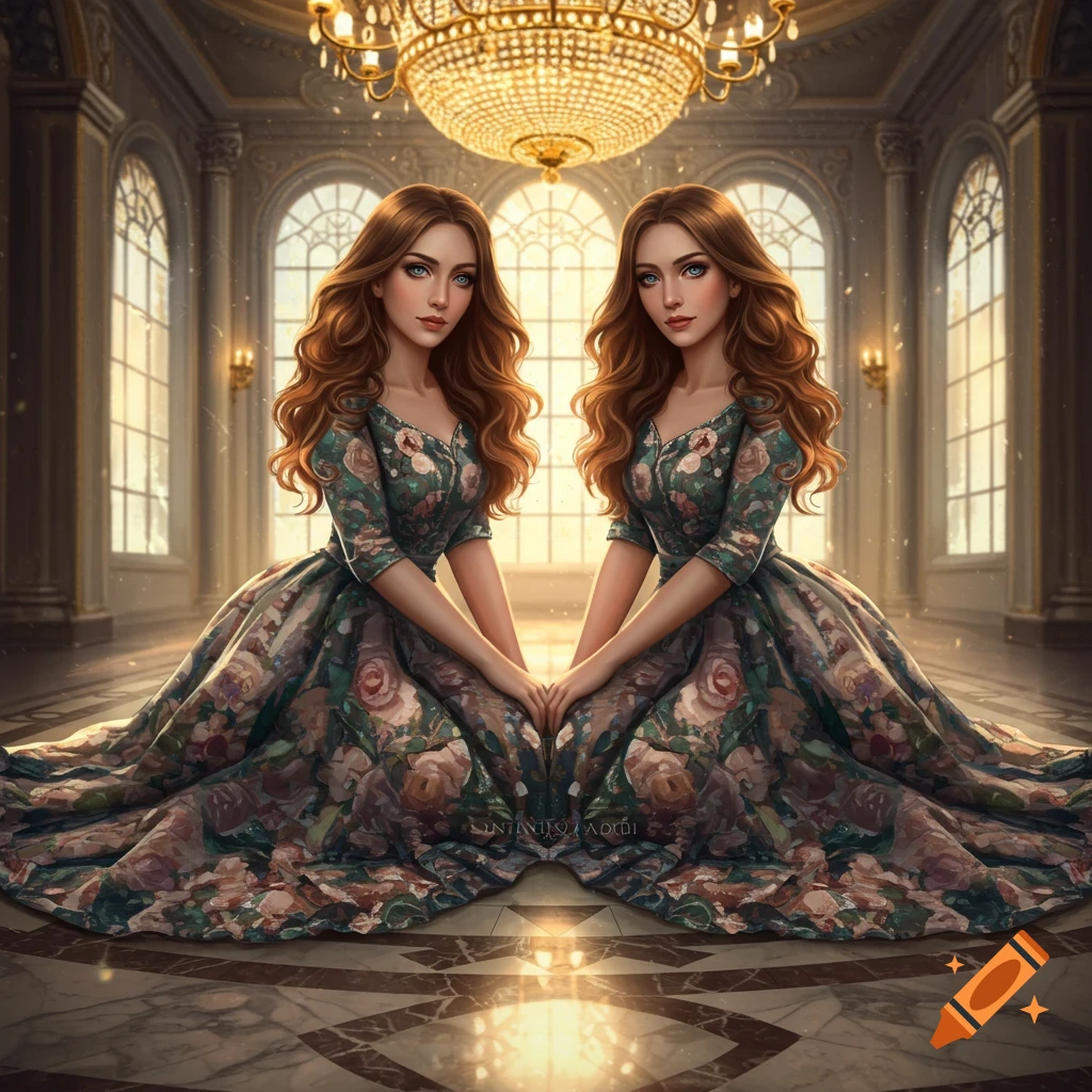 Digital art of identical twin women with long brown hair and blue eyes, wearing floral dresses, sitting in a grand ballroom.