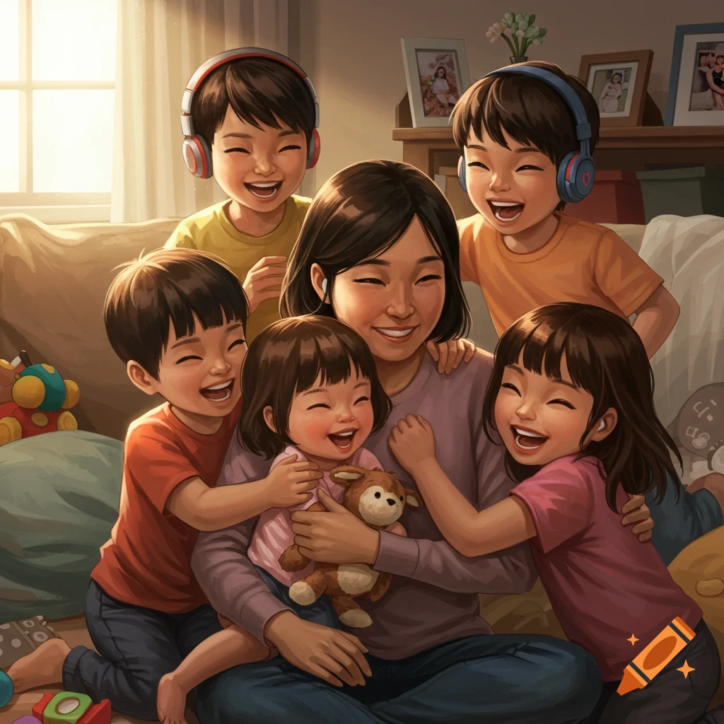 An Asian mother smiles warmly, surrounded by five laughing children in a cozy home setting, depicted in a vibrant illustration style.