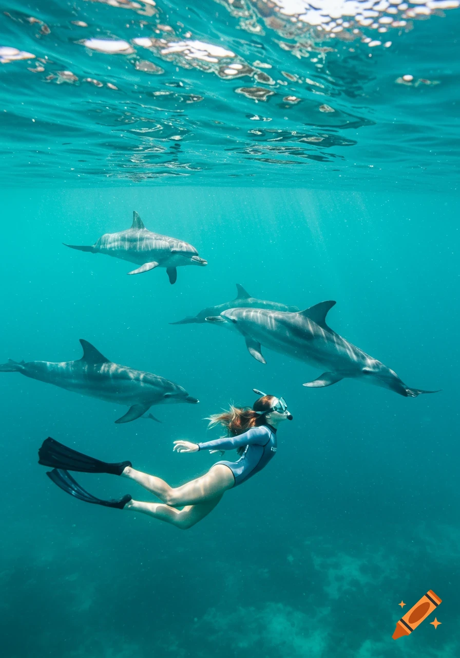 Photorealistic image of a woman freediving with several dolphins in clear turquoise ocean water.