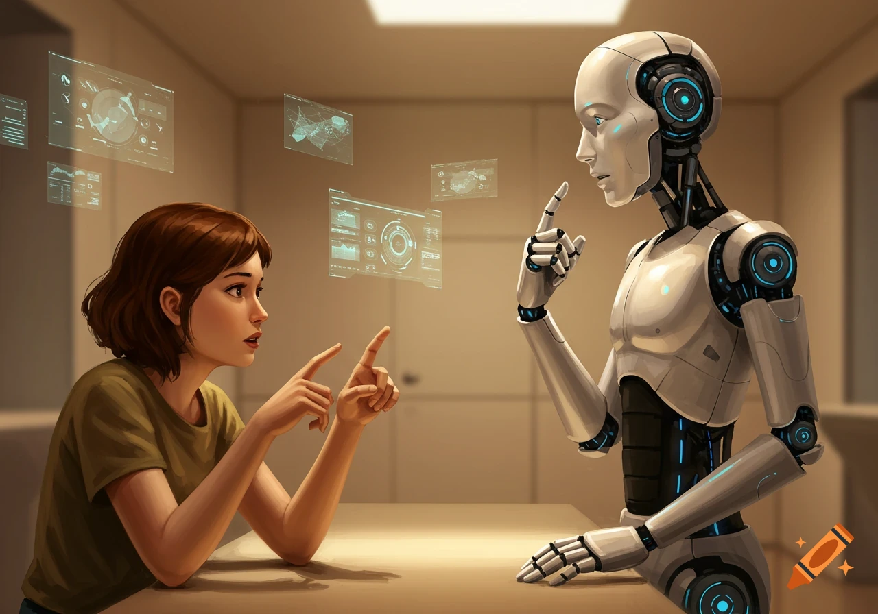 A woman and a robot interact with floating holographic data screens in a futuristic setting.