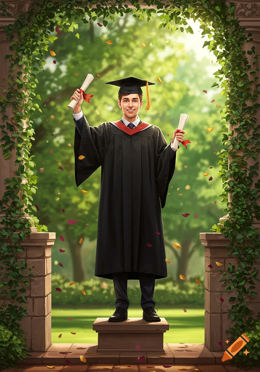 A young man in a graduation gown and cap stands on a pedestal in a garden archway, holding two diplomas and smiling, with petals falling around him.