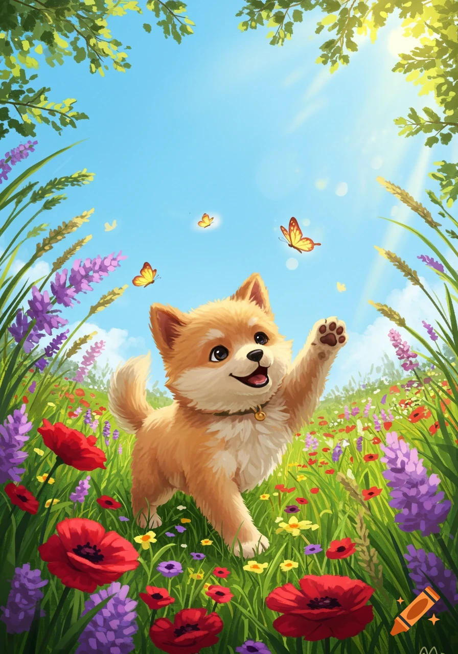 A cute, fluffy cartoon puppy plays in a vibrant field of red and purple flowers under a blue sky, reaching for butterflies.
