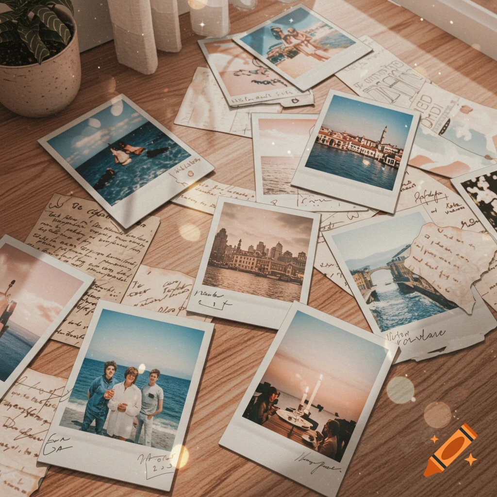 A nostalgic overhead view of various polaroid photos and handwritten notes scattered on a wooden floor, bathed in soft sunlight.