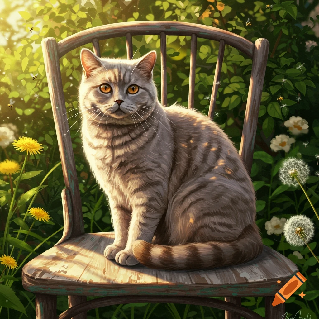 A grey tabby cat with orange eyes sits on a worn wooden chair in a sunny garden with dandelions and bees, digital painting.