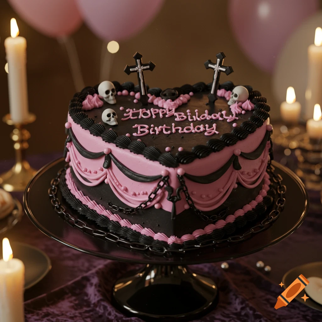 Heart-shaped pink and black gothic birthday cake with crosses, skulls, chains, surrounded by candles and balloons, photorealistic.