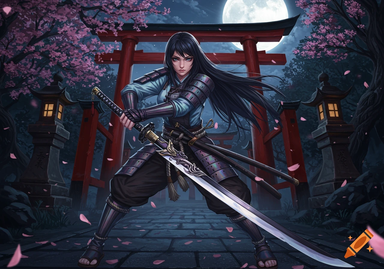 A female samurai in armor holds a katana under a full moon, with cherry blossoms and a torii gate in an anime style.