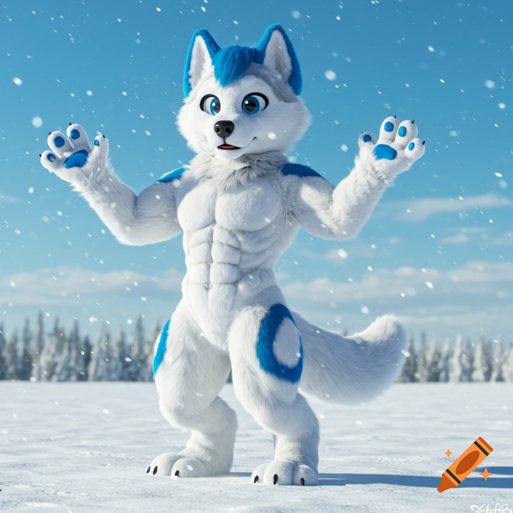 A muscular white and blue husky fursuit stands in a snowy winter landscape with falling snow.