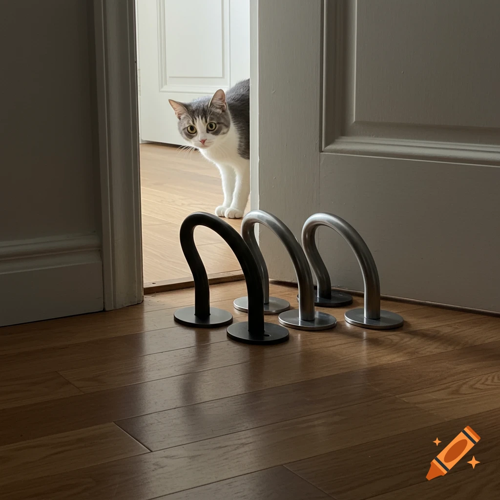 A curious cat peeks from behind a white door, observing three modern door stoppers on a wooden floor.