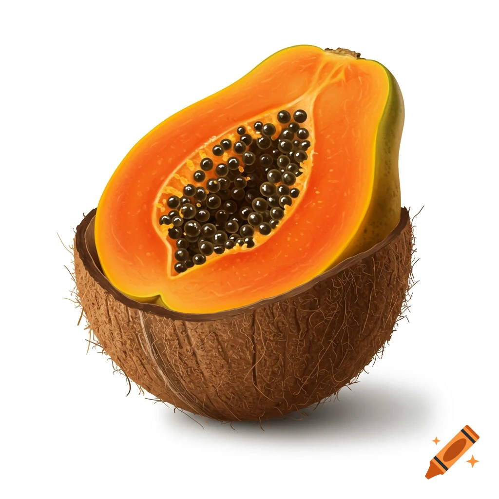 A vibrant half-papaya with black seeds sits inside a textured coconut half on a white background.
