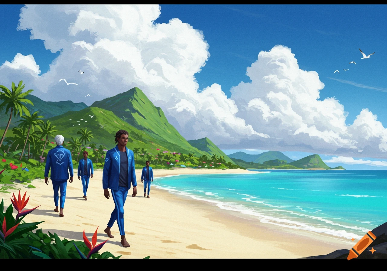 Digital painting of men in blue walking on a tropical sandy beach with palm trees, mountains, and blue ocean.
