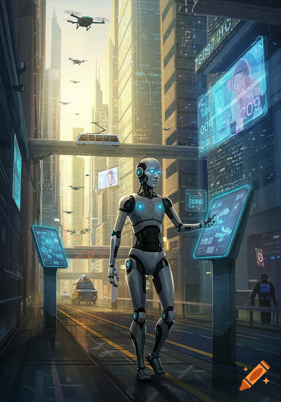 An anthropomorphic robot interacts with a holographic screen in a bustling, futuristic city with towering skyscrapers, flying drones, and elevated trains. Stylized art.