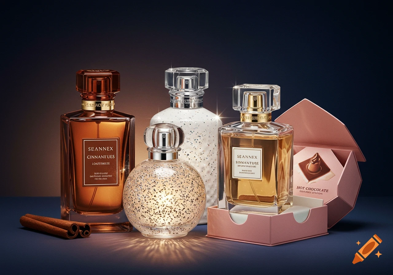 A still life arrangement of three perfume bottles (brown, glittery, clear) with cinnamon sticks and a pink box containing hot chocolate lotion.