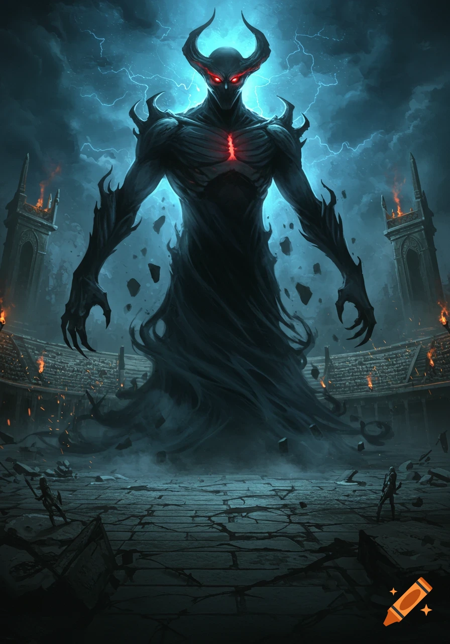 A towering, horned shadow demon with glowing red eyes looms over a ruined arena under a stormy, lightning-filled sky.
