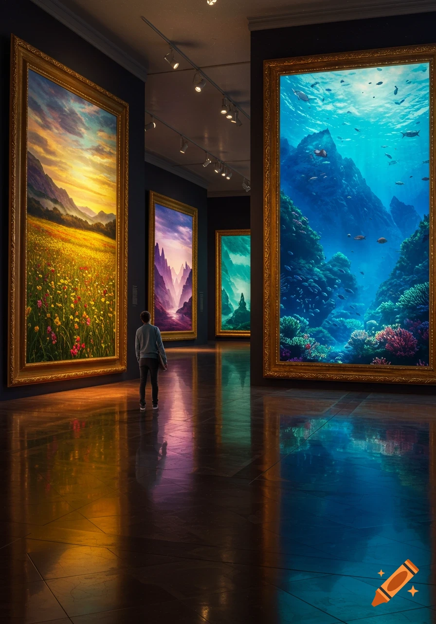 Person in a dark art gallery admiring huge, vibrant paintings of a sunlit meadow, mountain valley, and an underwater world.