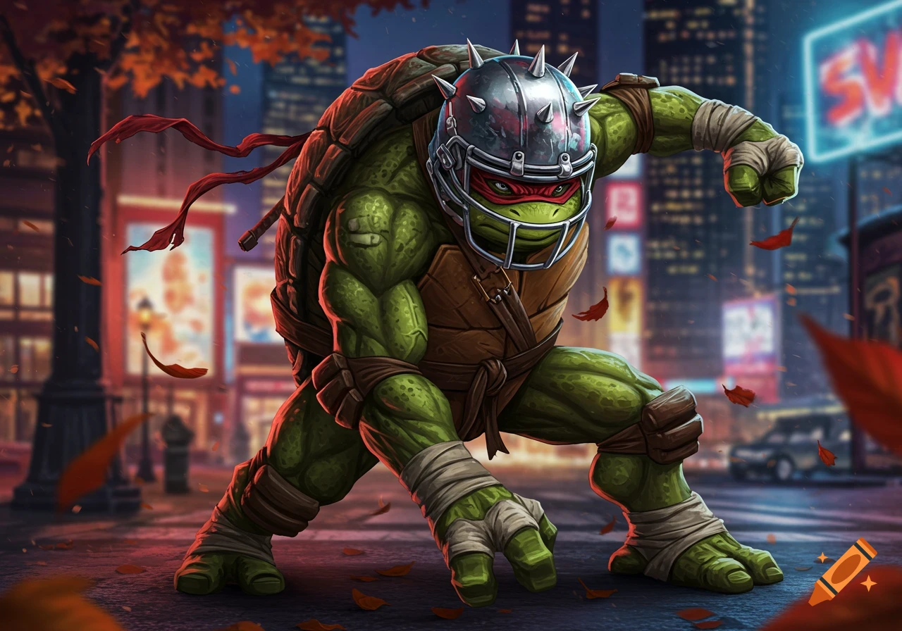 A muscular green ninja turtle, wearing a spiked football helmet and red mask, crouches on an autumn city street at dusk.