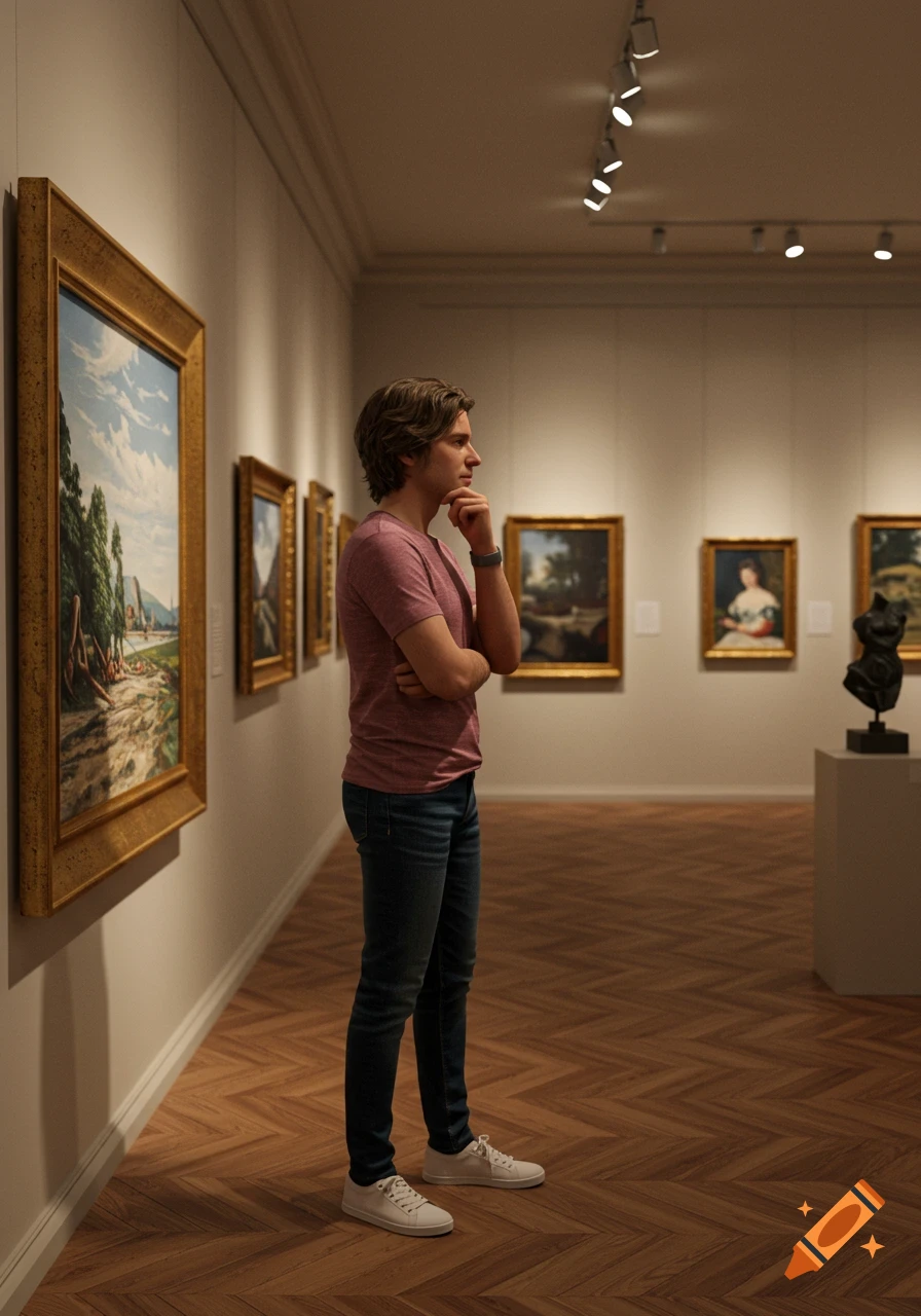A young man in a pink t-shirt and jeans stands thoughtfully in an art museum, looking at a framed landscape painting.