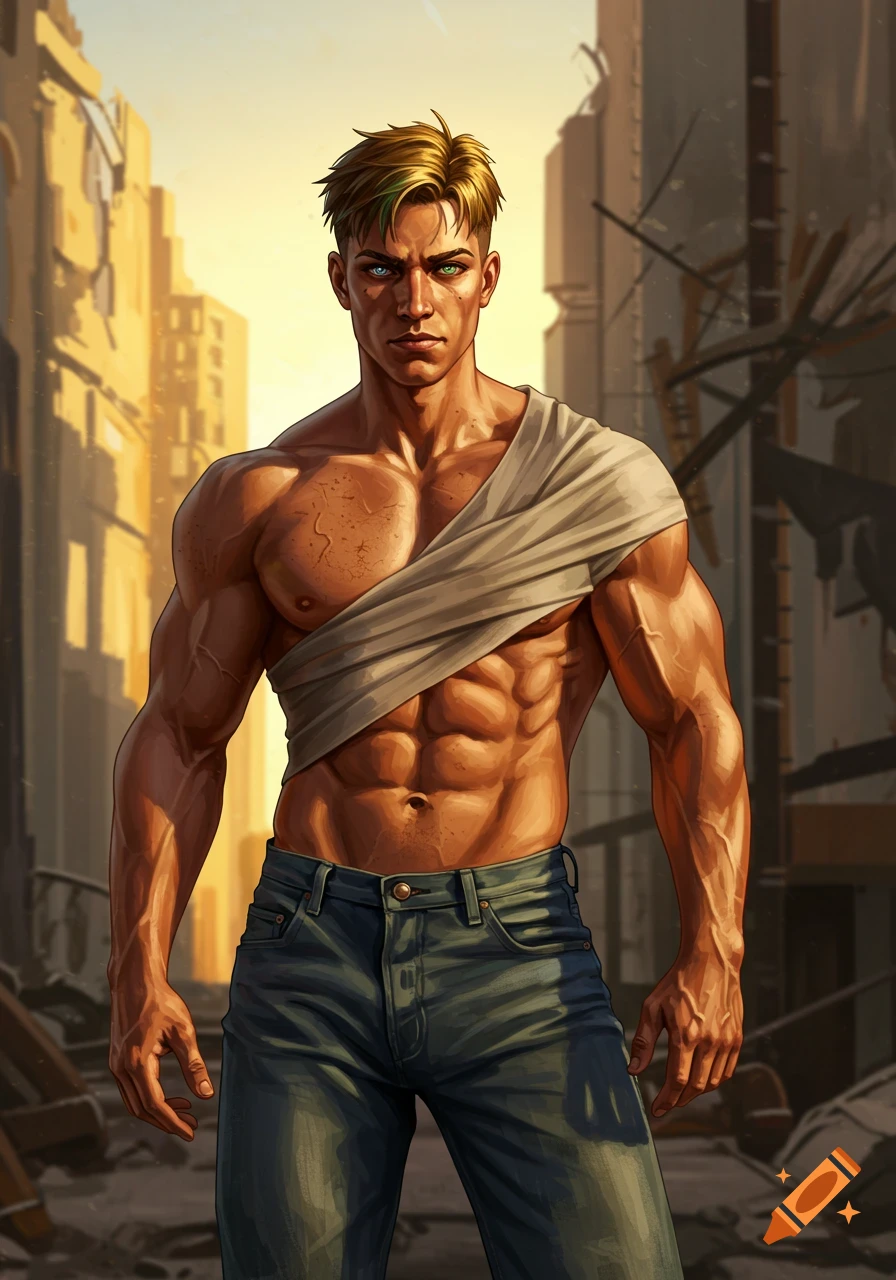 Muscular man with heterochromatic eyes and draped cloth stands in a ruined city, comic art style.