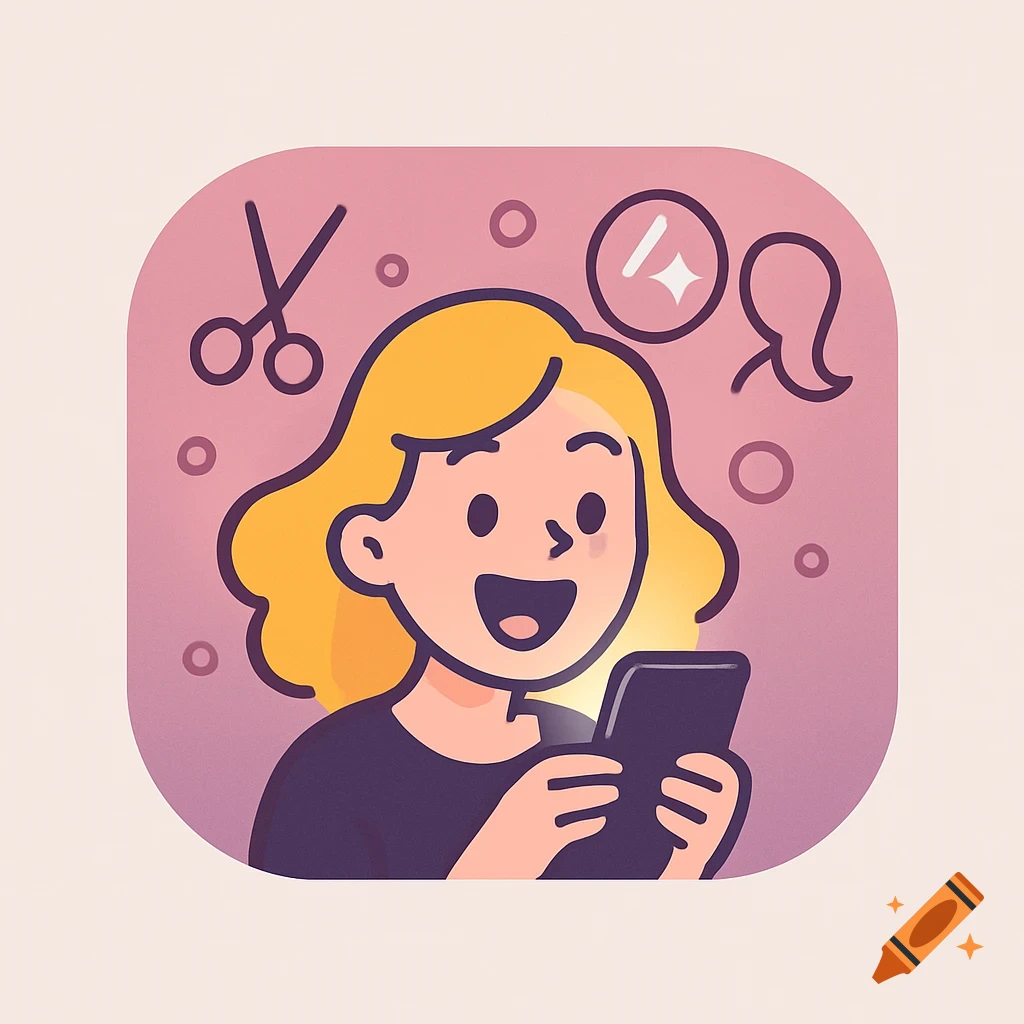 A happy blonde cartoon girl looks at her phone, surrounded by hairstyling icons on a pink and purple background. Modern illustration.